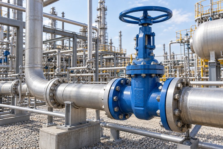 Valvola a saracinesca a cuneo installata su una linea di processo industriale